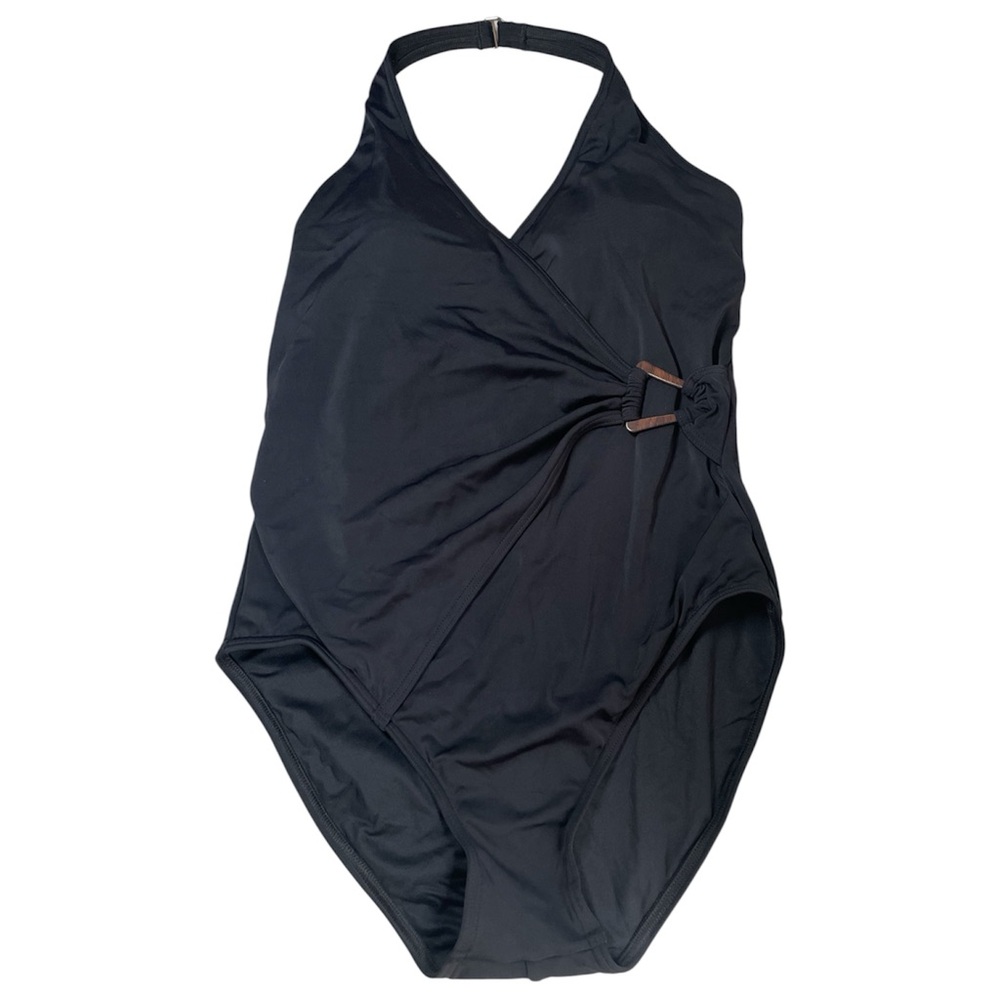 Lands End Black Faux Wrap Halter One Piece Swimsuit